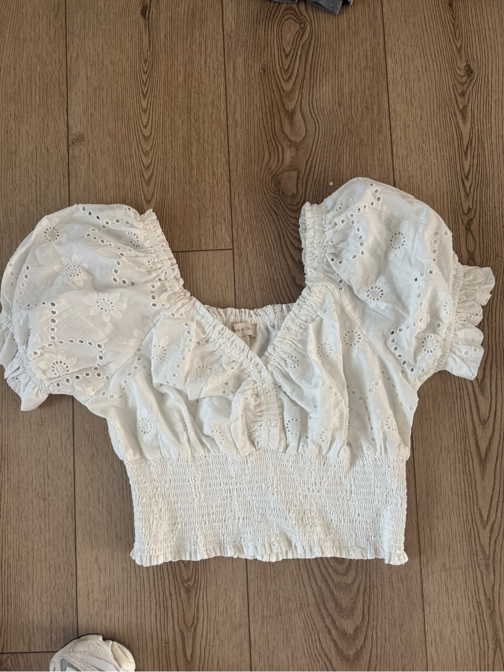 White Eyelet Smocked Puff Sleeve Crop Top - Women